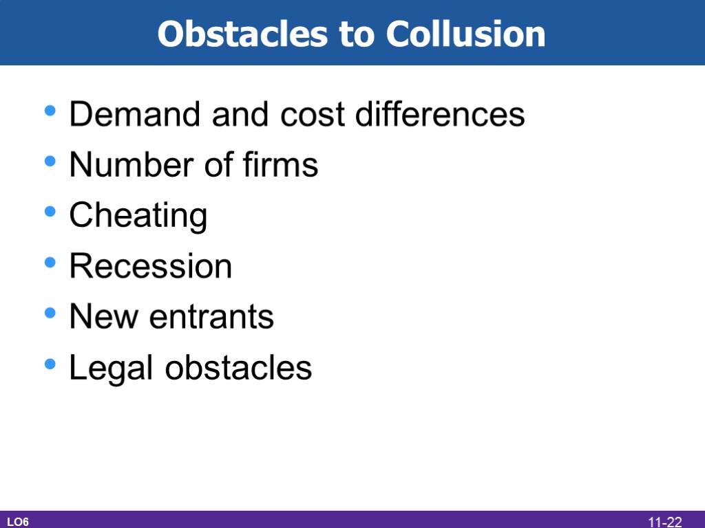 Obstacles to Collusion Demand and cost differences Number of firms Cheating Recession New entrants